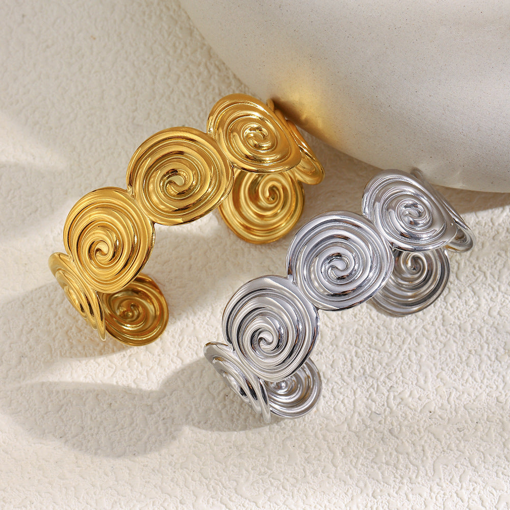 Minimalist Geometric Stainless Steel Plated 18K Gold Spiral Cuff Bracelet for Women