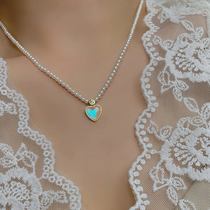 Sweet Ethereal Gradient Heart Pendant Necklace in Titanium Steel with Plated Finish and Pearl Chain