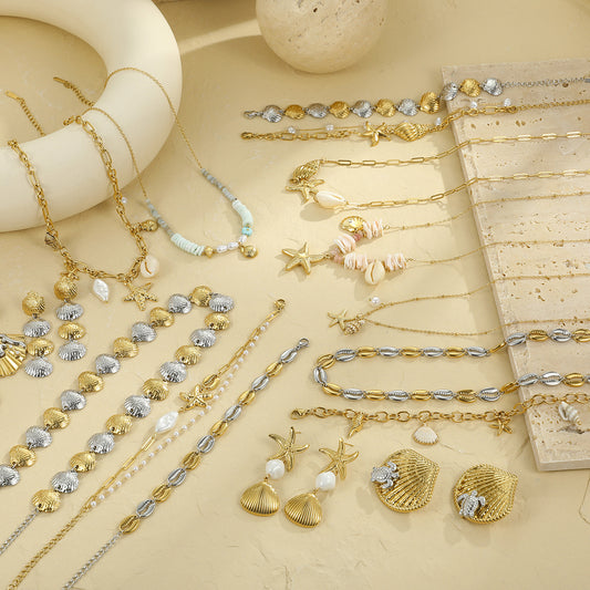 Ocean-Inspired Geometric Stainless Steel Plated Necklace Set for Women with Matching Bracelet, Earrings, and Ring