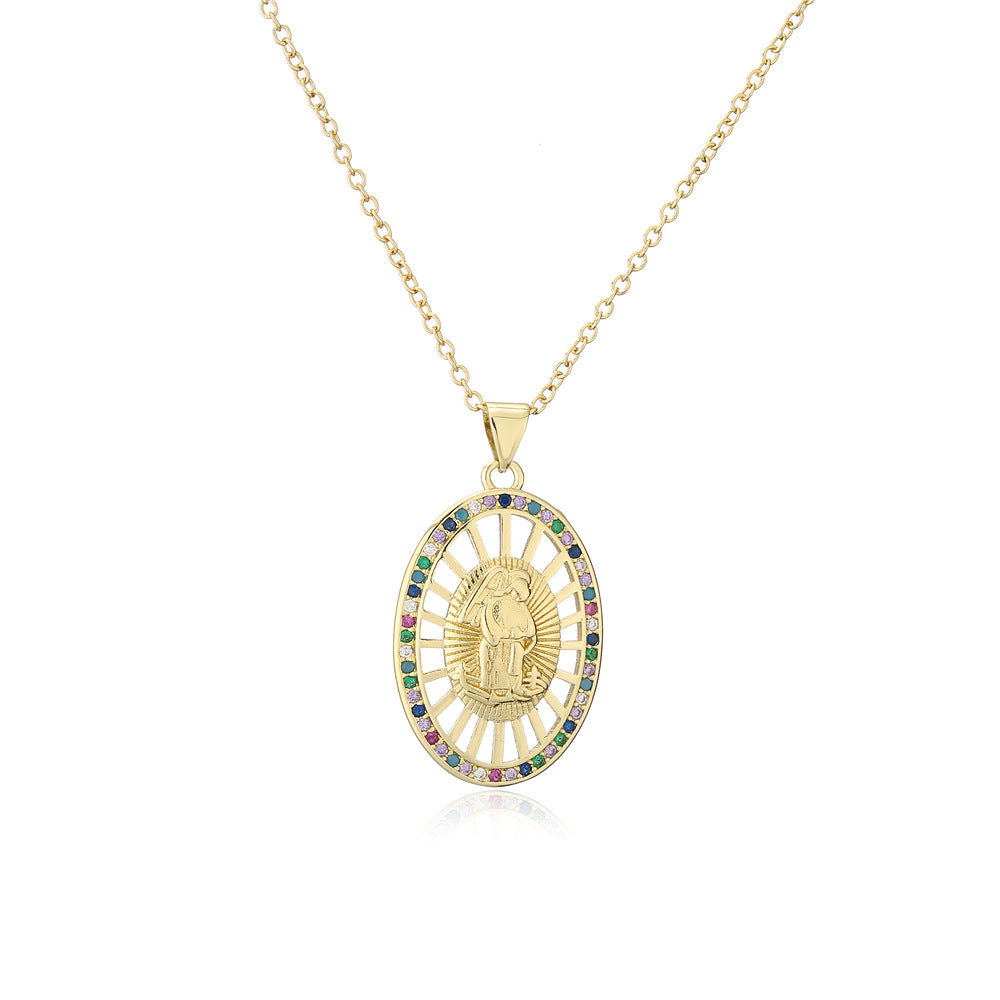 18K Gold Plated Geometric Brass Necklace with Micro-Inlaid Cubic Zirconia Pendant on Cable Chain