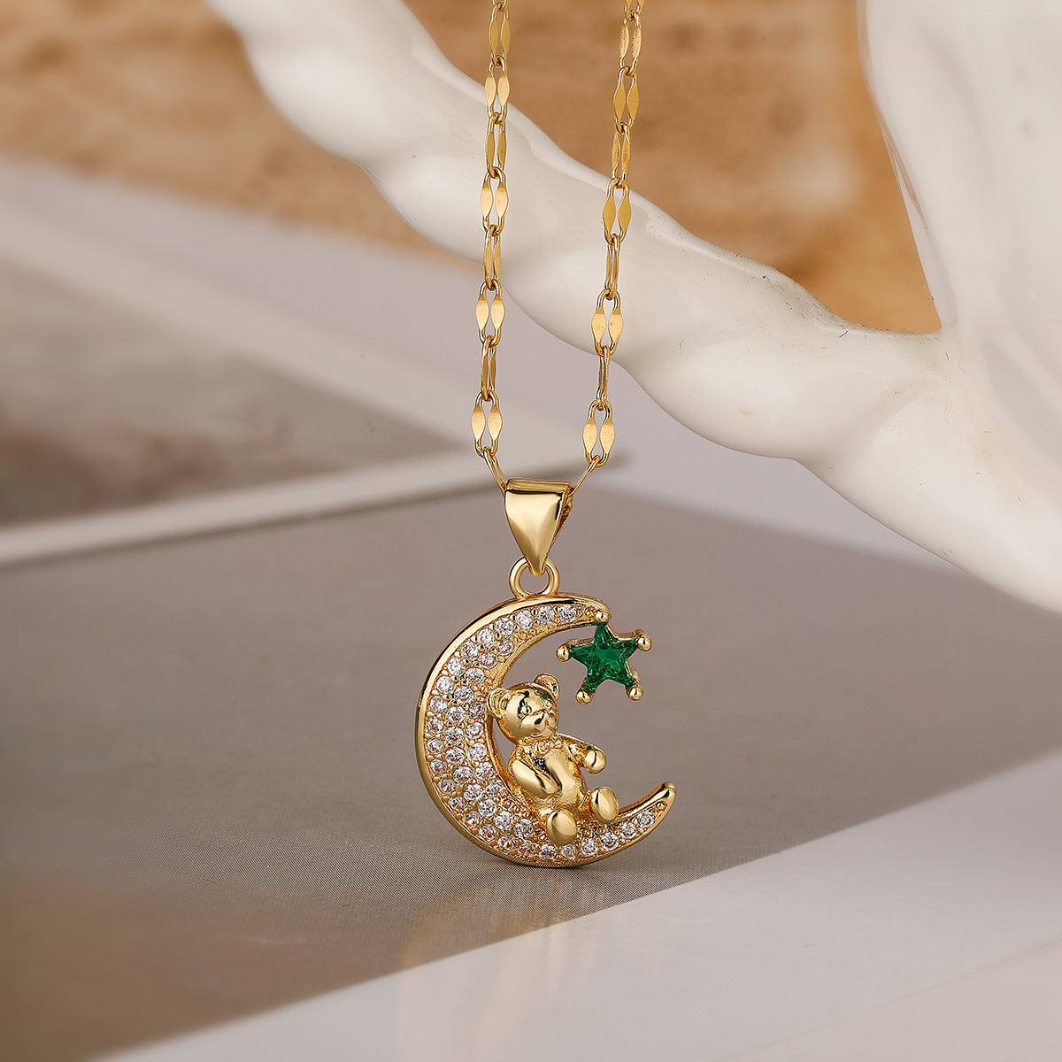 Cute Moon Bear Pendant Necklace in Copper with Real Gold Plating and Zircon Inlay for Women
