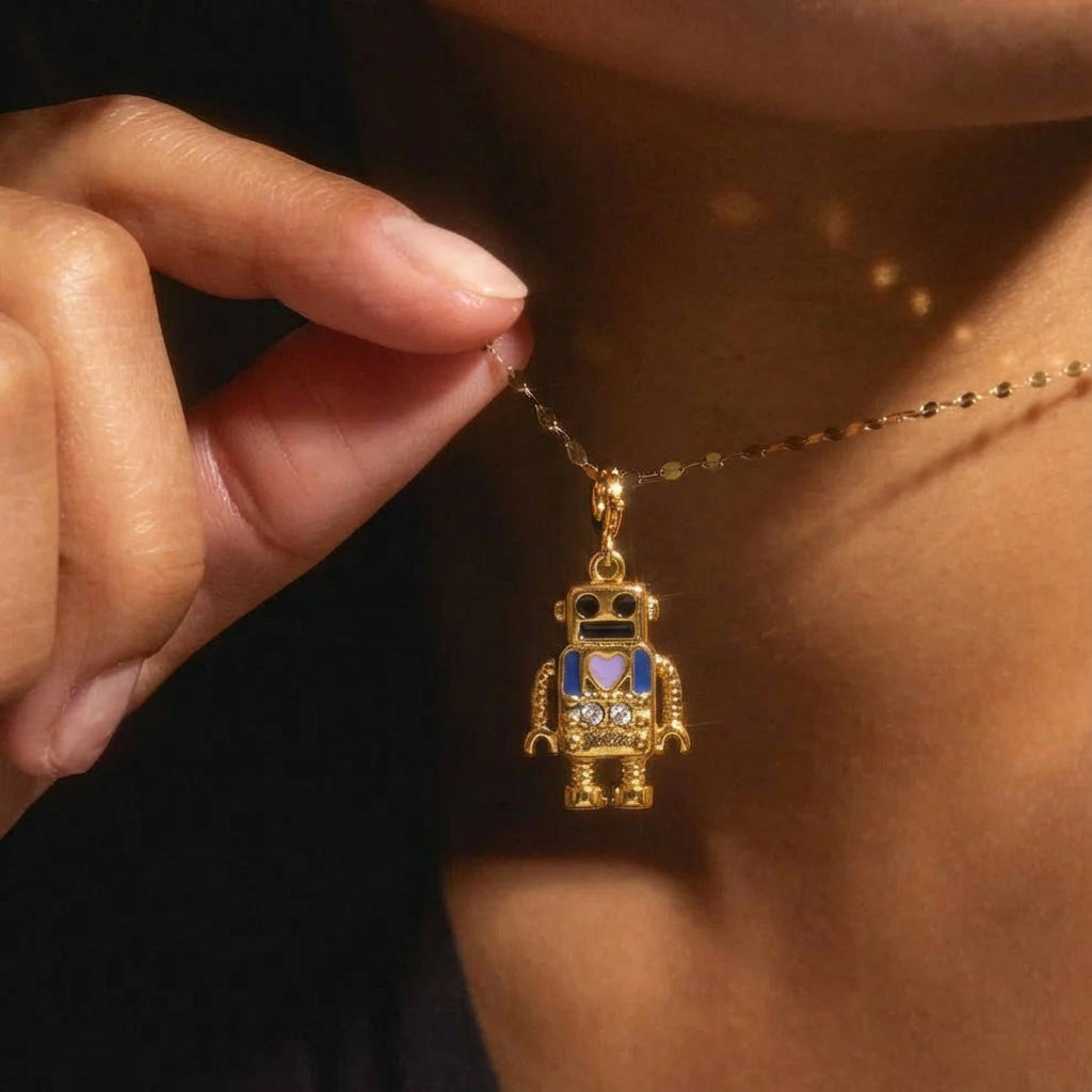 Vintage Gold Plated Stainless Steel Ceramic Moon Astronaut Charm Bar Necklace for Unisex