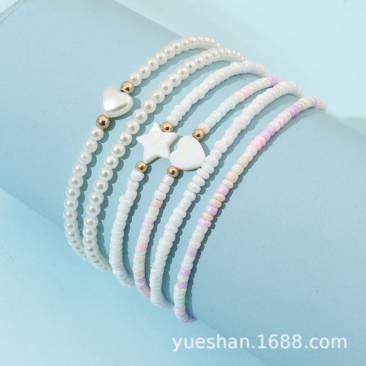 Set di braccialetti in perle di vetro a forma di cuore e stella, carini e dolci per bambine in stile principessa