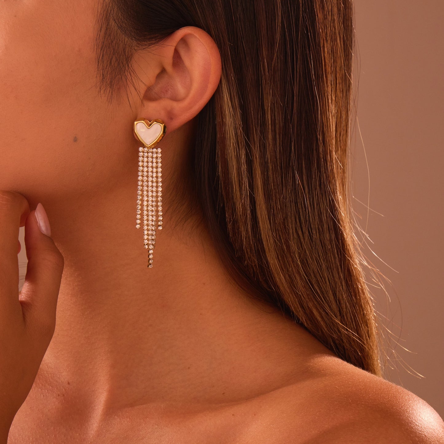 Orecchini alla moda in acciaio inossidabile a forma di cuore e stella con strass e nappe, gioielli di lusso placcati ipoallergenici per donna