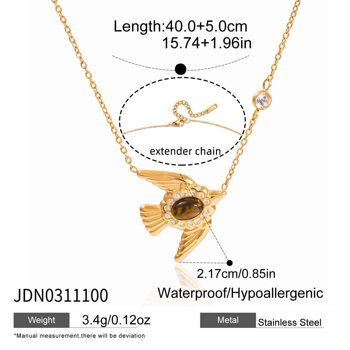 Set collana pendente minimalista con occhio di tigre, acciaio in titanio e intarsio placcato oro per donna