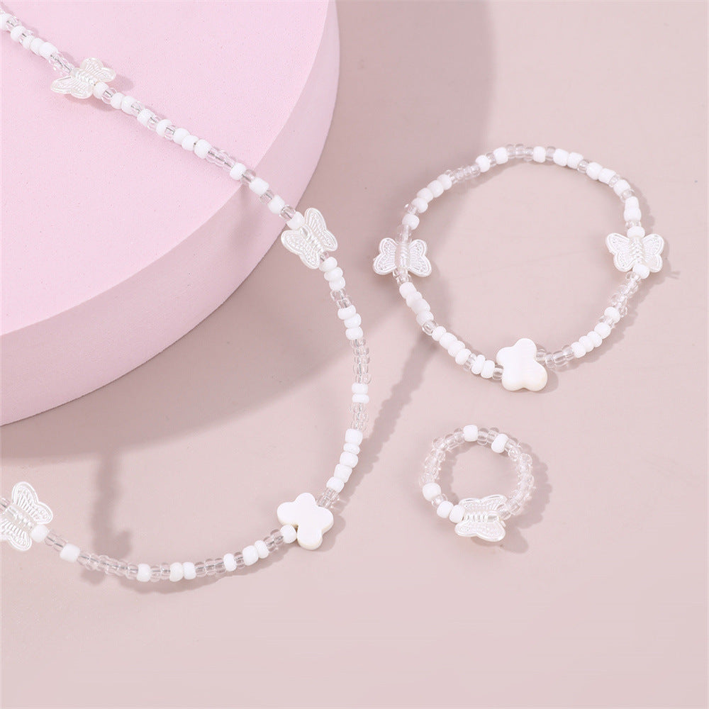 Cute Butterfly Pendant Necklace Set with Glass Beads for Kids, Handmade Round Bead Chain, Minimalist Summer Jewelry for Girls Aged 3-10
