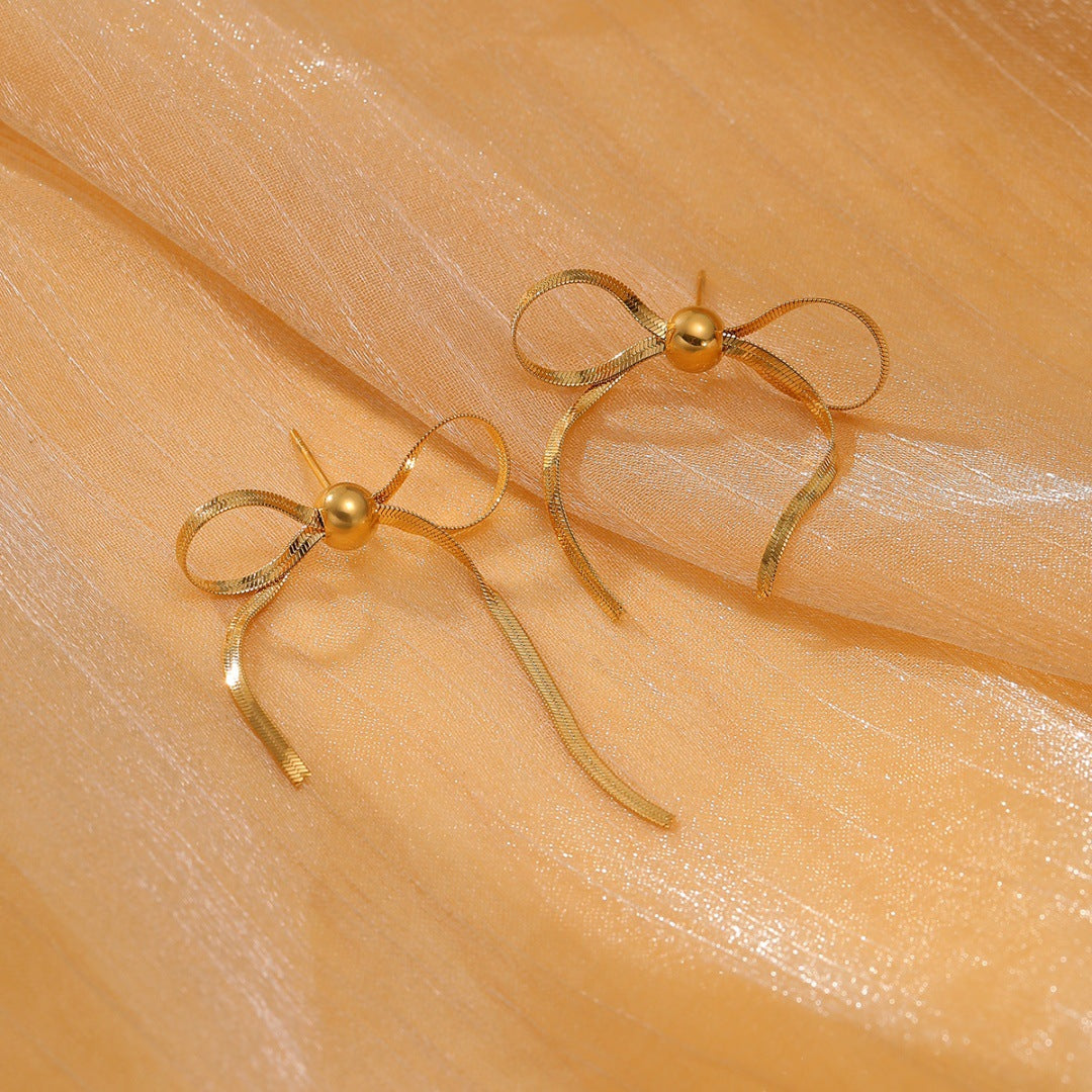 Minimalist Pearl Bow Titanium Steel Stud Earrings for Women with Plated Finish