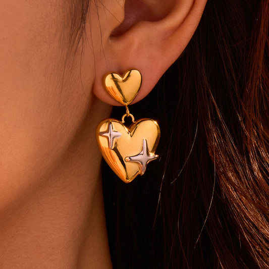 Minimalist Double Heart Stainless Steel Earrings for Women with Textured Pleated Surface and Vintage-Inspired Design