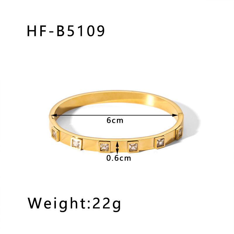 Vintage-Inspired Titanium Steel Cuff Bracelet with Zircon Inlay, Asymmetrical Design, Vacuum-Plated 18K Gold Finish for Women