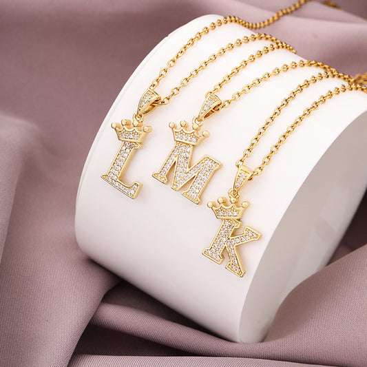 Minimalist Crown-Shaped Stainless Steel Necklace with Micro-Paved Cubic Zirconia and Letter Charm for Women