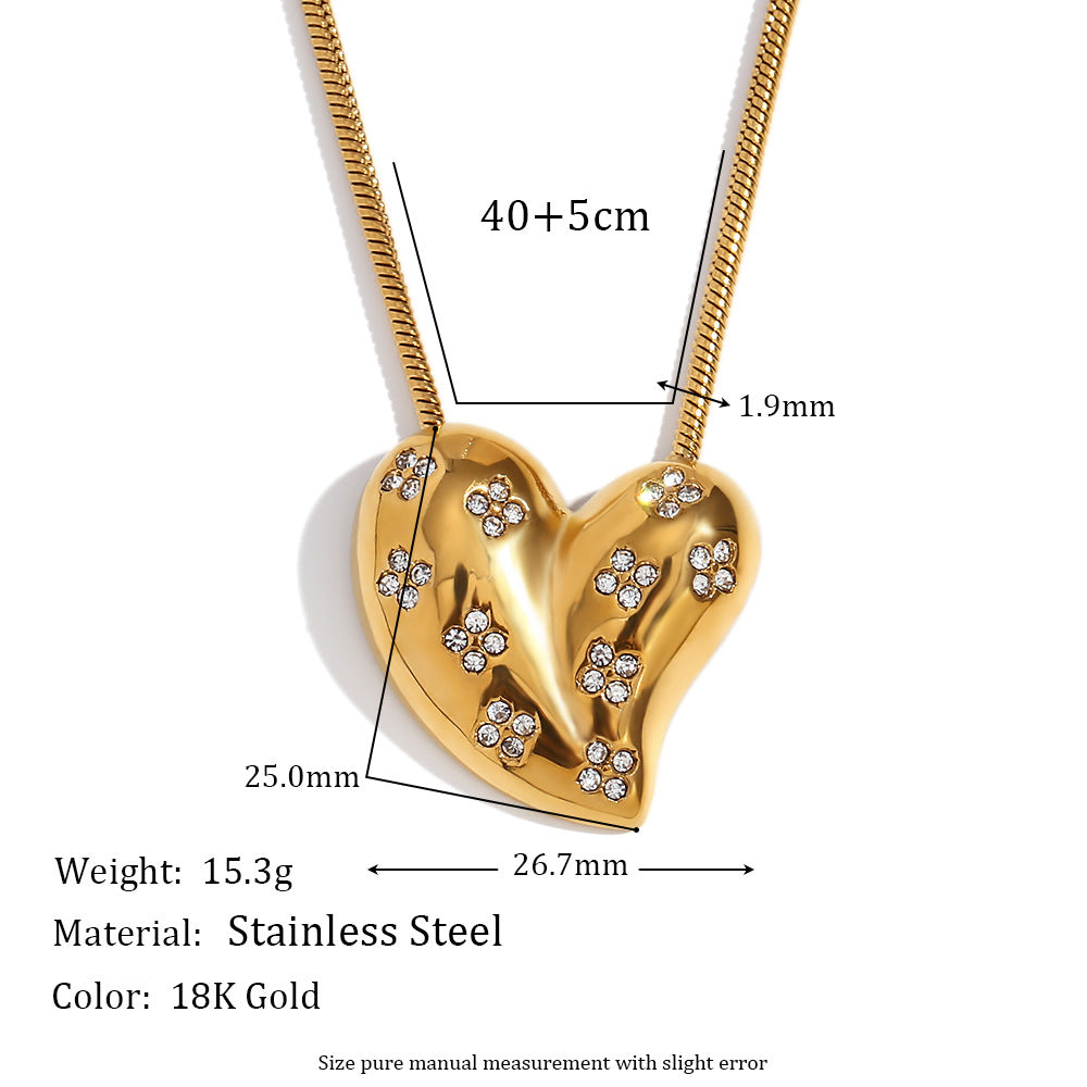 Vintage Style Heart-Shaped Stainless Steel Pendant Necklace with 18K Gold Plating and White Rhinestone Inlay for Women