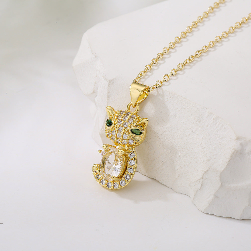Sweet Cute Cat Pendant Necklace for Women in Copper with 18K Gold Plating and Zircon Inlay, Geometric Design Clavicle Chain