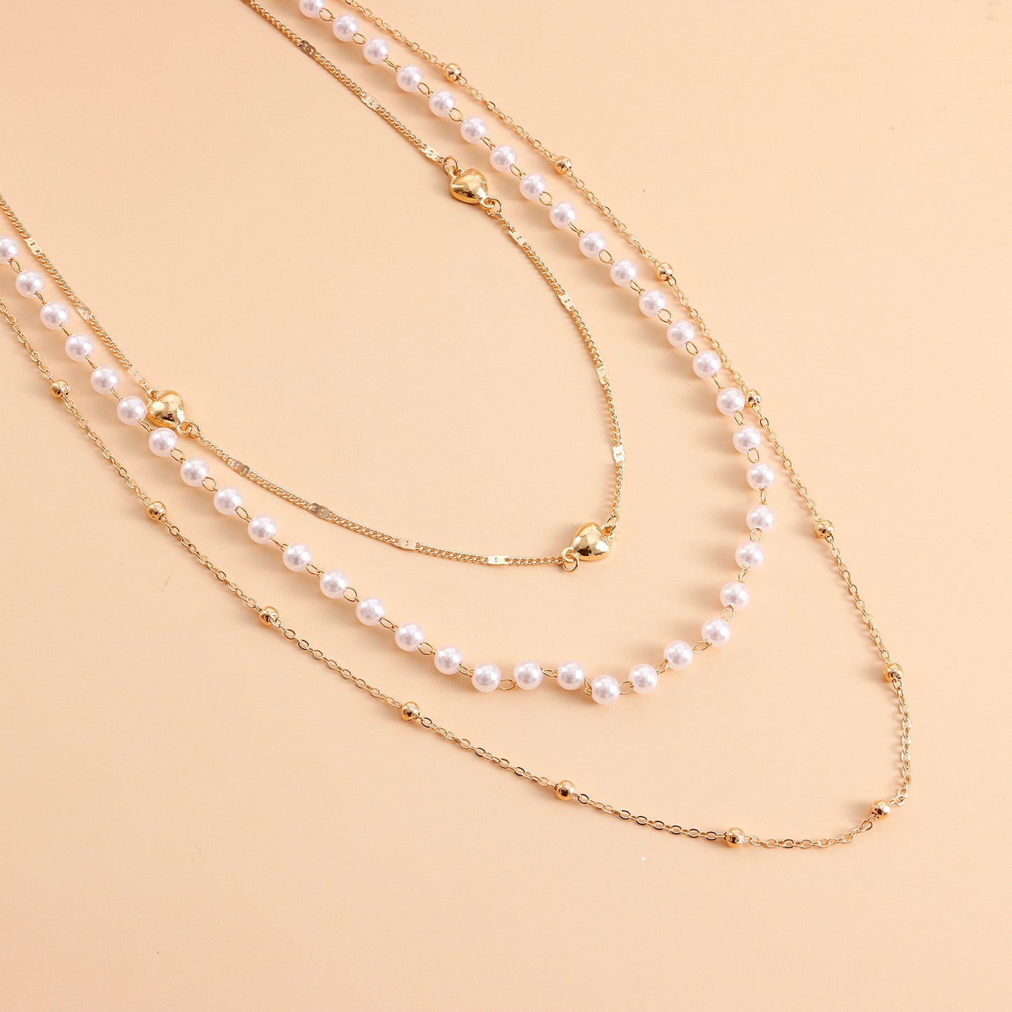Punk Style Heart-Shaped Electroplated Metal Multi-Layer Sweater Chain for Women with Geometric Design and Pearl Accents