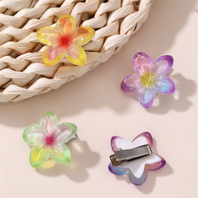 Set di fermagli per capelli a forma di fiocco in stile naturale per ragazze con design floreale sfumato, fermagli a becco d'anatra in resina plastica, accessori per capelli per bambini fatti a mano