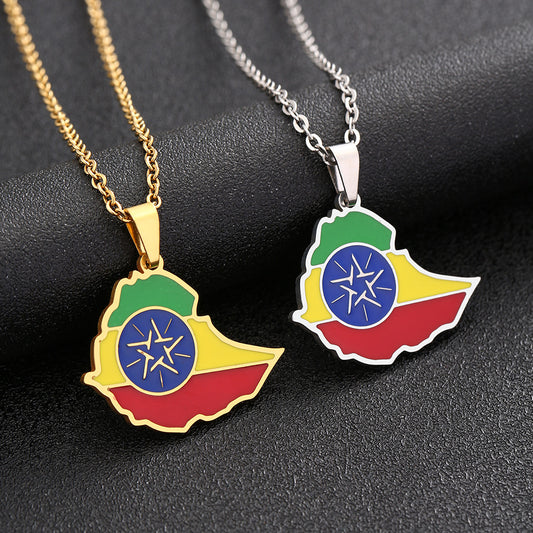 Ethiopian Enamel Geometric Pendant Necklace in Stainless Steel and Titanium Steel with Plated Finish for Unisex Casual Wear