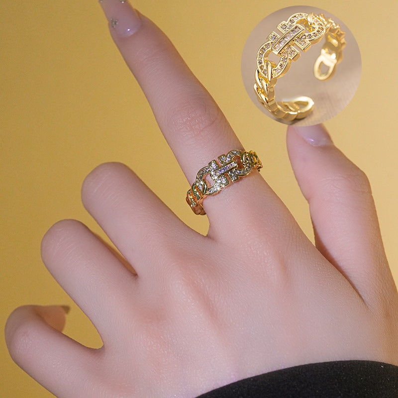 Light Luxury Geometric Adjustable Open Ring for Women with 18K Gold Plated Copper and Letter Accent