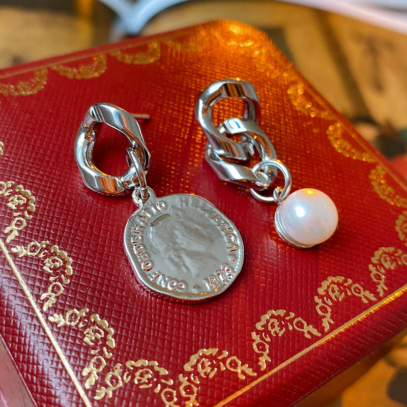 Chic Asymmetrical Metal Portrait Pearl Earrings with Geometric Shape Electroplated Steel Posts for Women