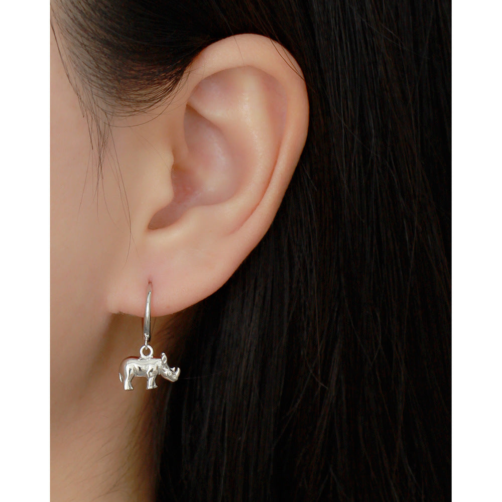 Orecchini a cerchio da donna a forma di rinoceronte, in argento sterling 925 lucido