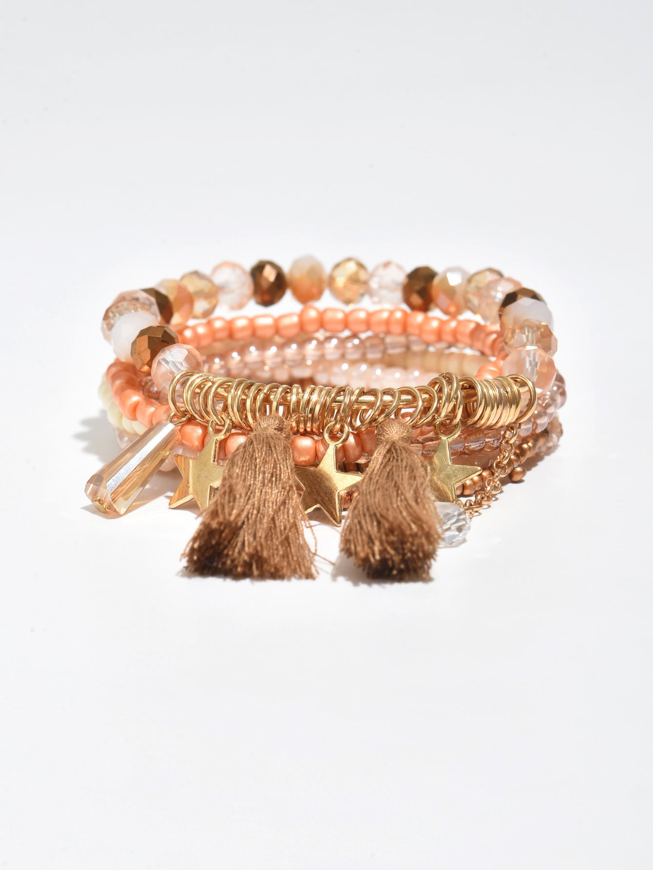Bracciale donna multistrato bohémien con perline geometriche, nappa e ciondolo a stella