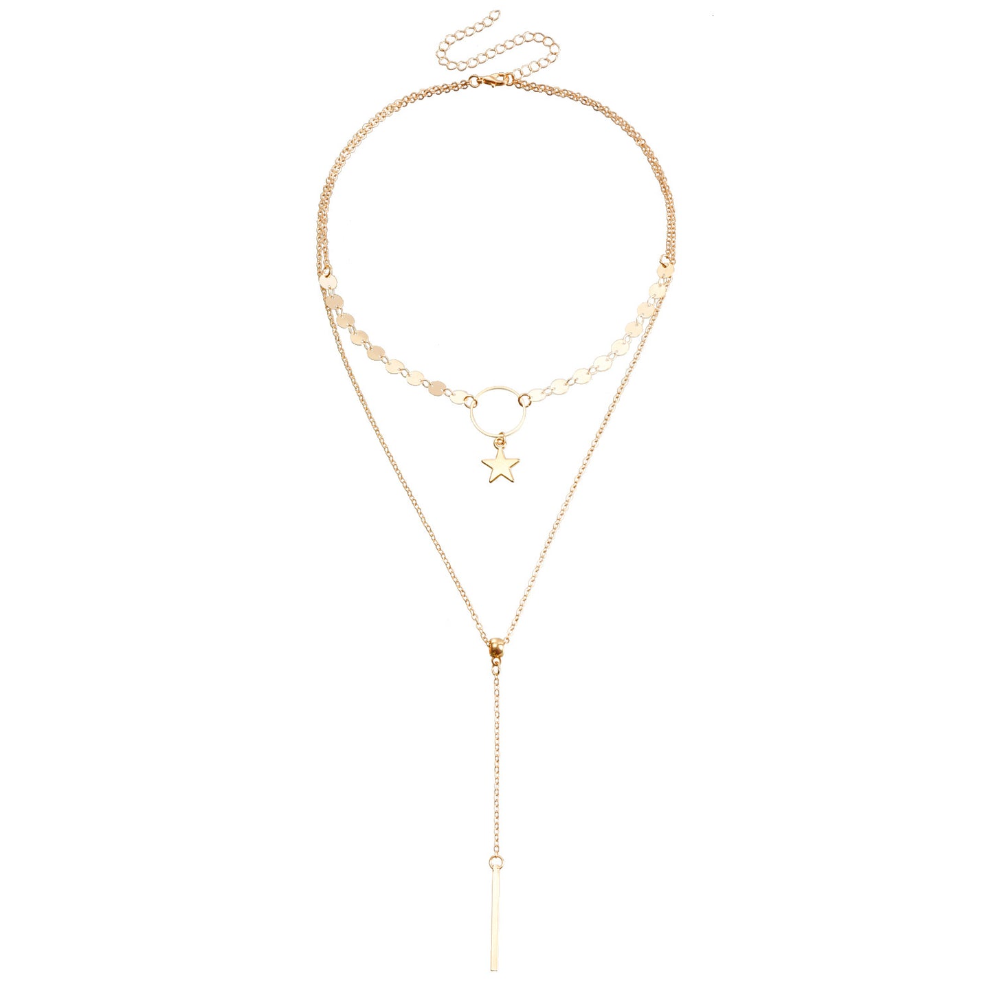 Fashionable Geometric Metal Pendant Necklace with Star Charm and Fringe Detail for Women