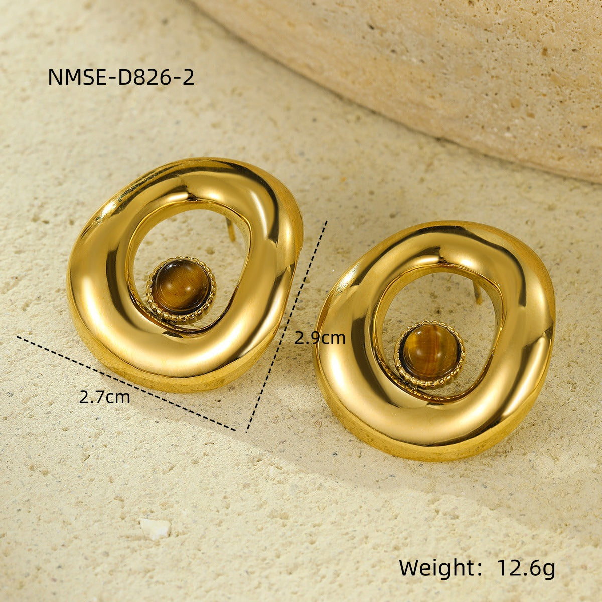 Pendientes de mujer de estilo francés vintage con forma geométrica irregular redonda calada en acero de titanio con incrustaciones de piedra natural y acabado chapado