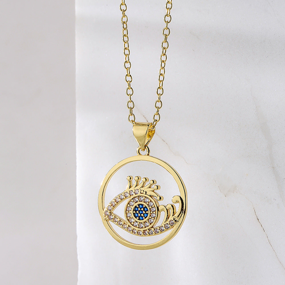 Geometric Pendant Necklace for Women with Copper Base Plated in 18K Gold and Zircon Eye Detail