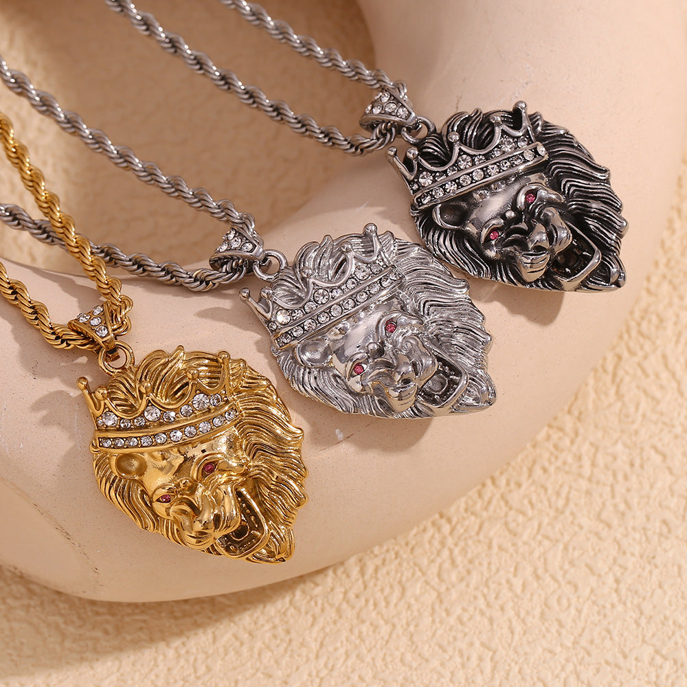 Collana pendente con corona di leone per donna, in acciaio inossidabile placcato oro 18K, a forma di animale