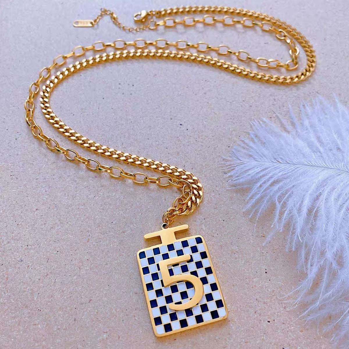 Minimalist Black and White Checkered Perfume Bottle Pendant Necklace for Women Titanium Steel Snake Chain Fashionable Office Wear Accessory