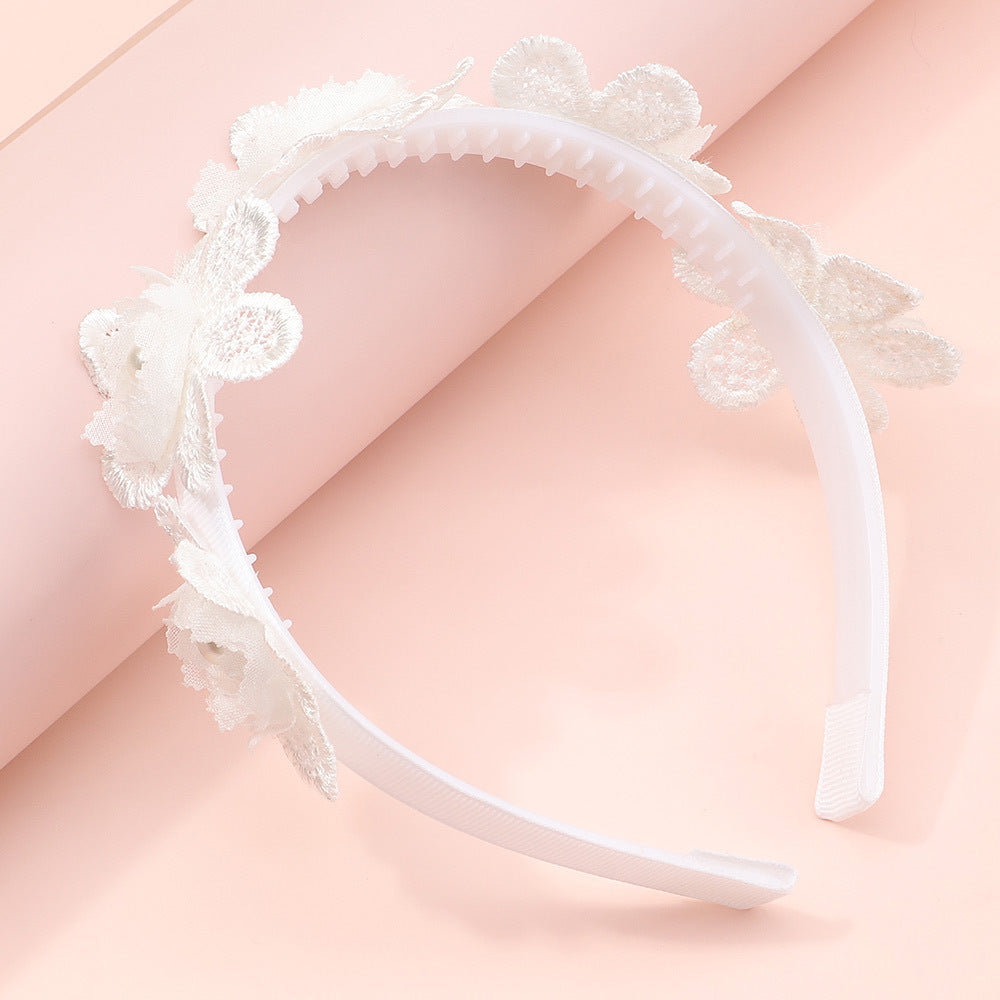 Diadema floral de princesa para niñas Diseño de pétalos hecho a mano adornado con perlas y ribete de encaje Diadema de tela para sesiones de fotos y ocasiones especiales de niños