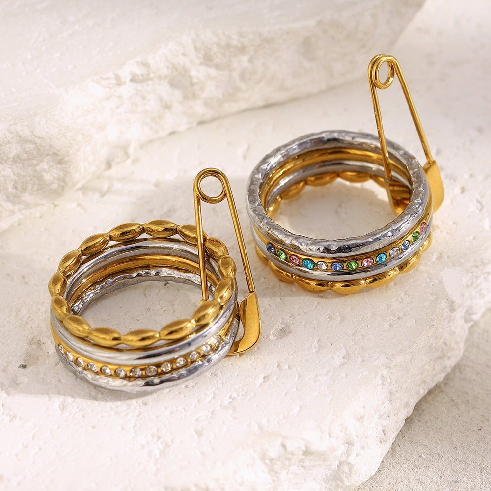 Minimalist Geometric Stainless Steel Ring with 18K Gold Plating for Women, Stackable Four-Layer Pin-Style CZ Ring