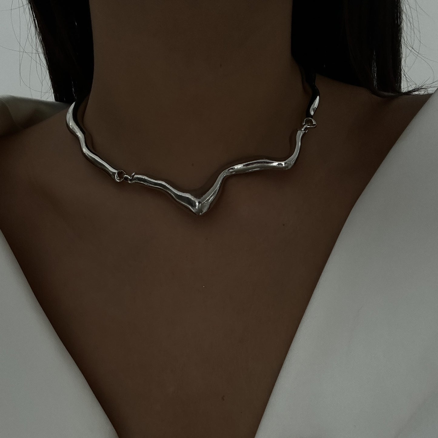 Minimalist Geometric Liquid Lava Metal Texture Alloy Choker Necklace for Women