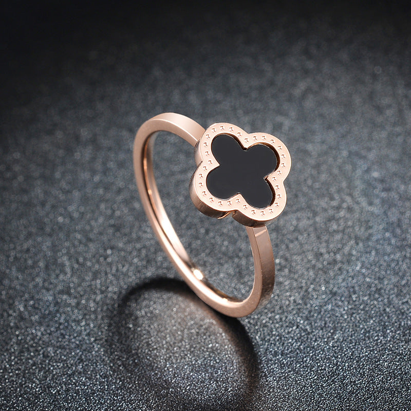 Minimalist Clover-Shaped Titanium Steel Ring for Women with 18K Rose Gold Plating