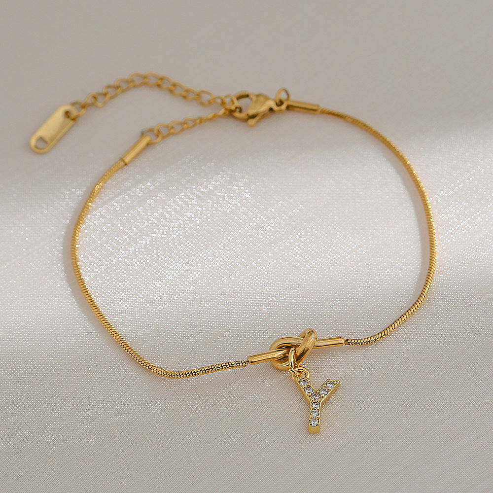 18K Gold Plated Stainless Steel Letter Heart Knot Charm Bar Bracelet for Women