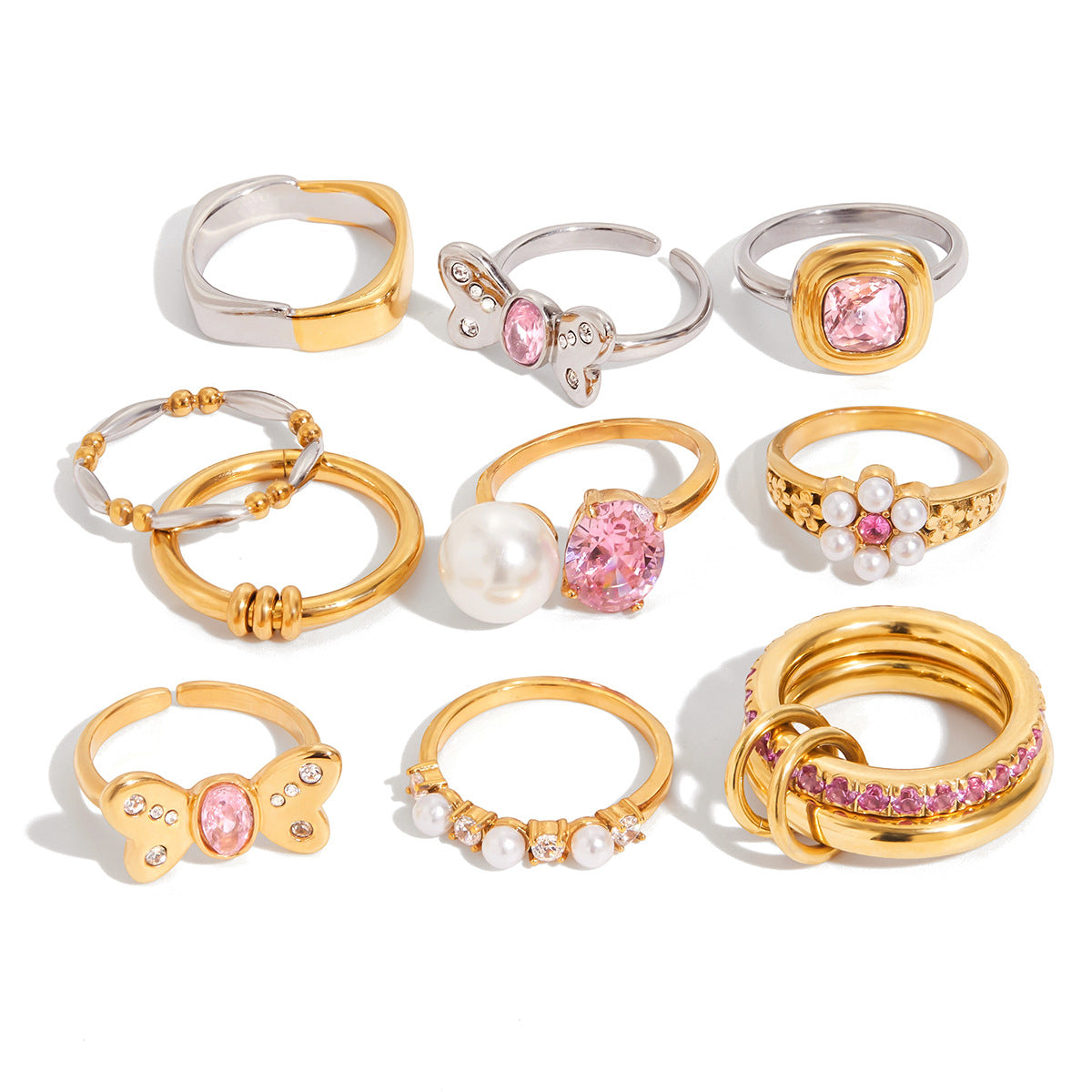 Anello da donna in acciaio inossidabile geometrico all'avanguardia con intarsio di zirconi rosa, gioielli di lusso elettrodeposti