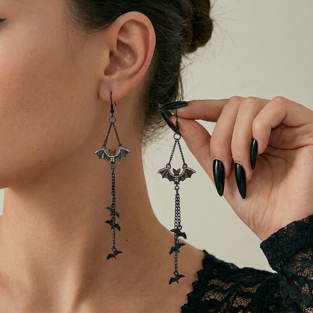 Gothic Punk Rhinestone Inlaid Geometric Alloy Earrings with Bat and Tassel Design