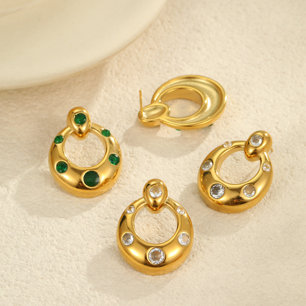 Vintage-Style Geometric U-Shaped Stainless Steel Earrings with Rhinestone Inlay and Plated Finish for Women