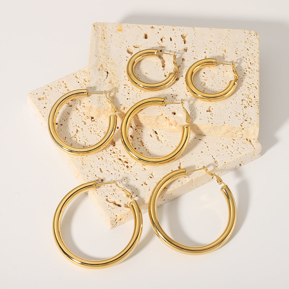 Retro Hip-Hop Minimalist Round Stainless Steel Hollow Hoop Earrings with 18K Gold Plating for Women