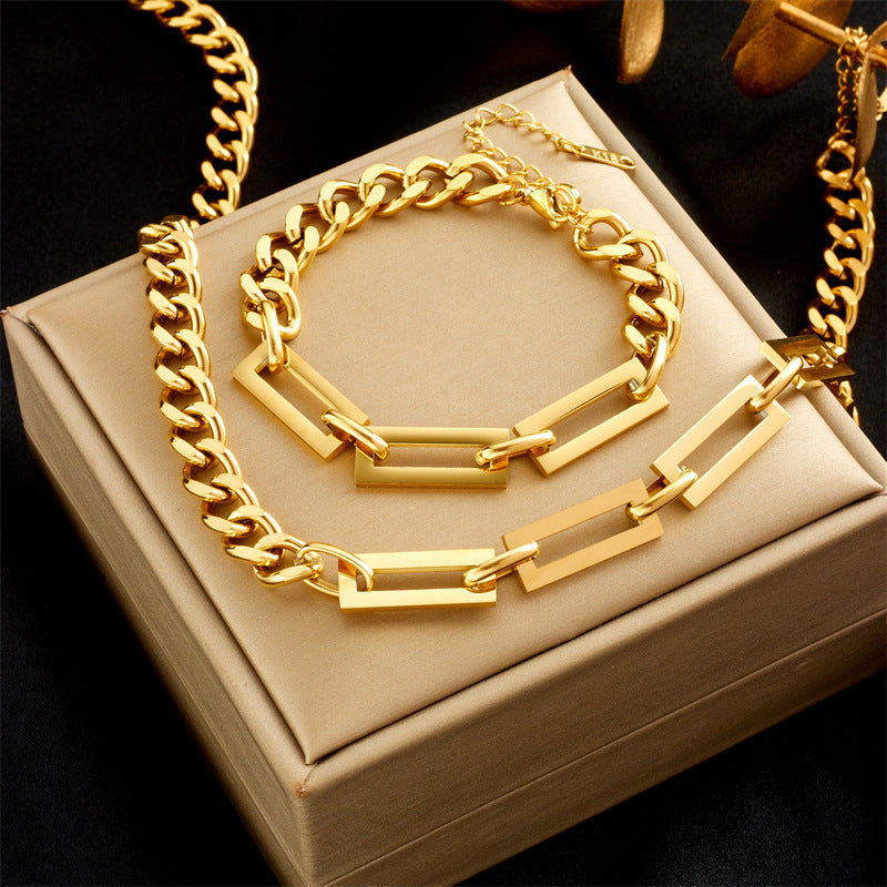 Minimalist Titanium Steel Plated Chunky Link Necklace and Bracelet Set for Women and Men