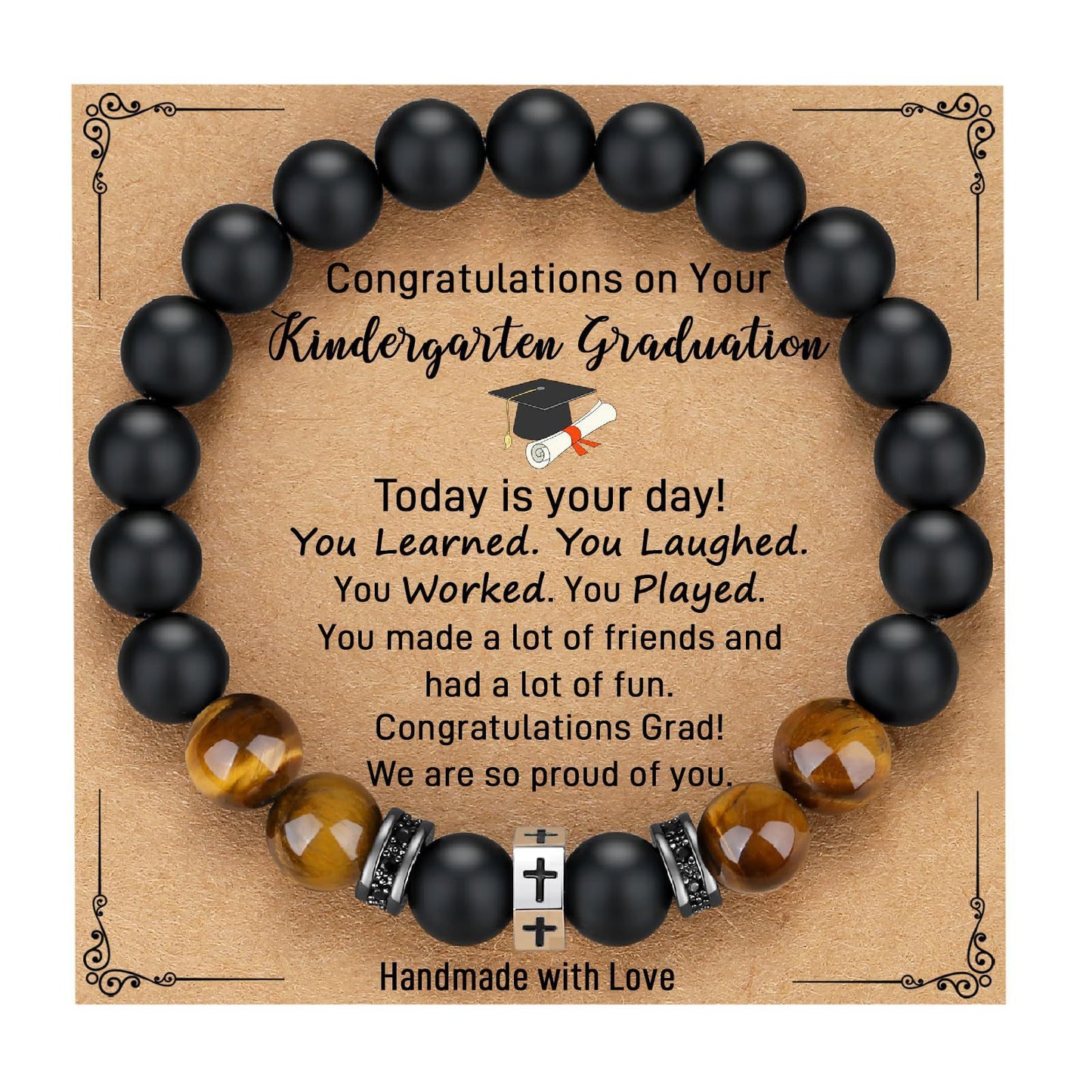 Matte Geometric Cross Tiger Eye Beaded Bracelet Stainless Steel Elastic Bangle