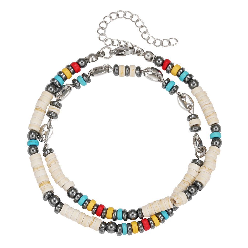 Vintage Geometric Round Turquoise and Hematite Handmade Beaded Bracelet for Unisex
