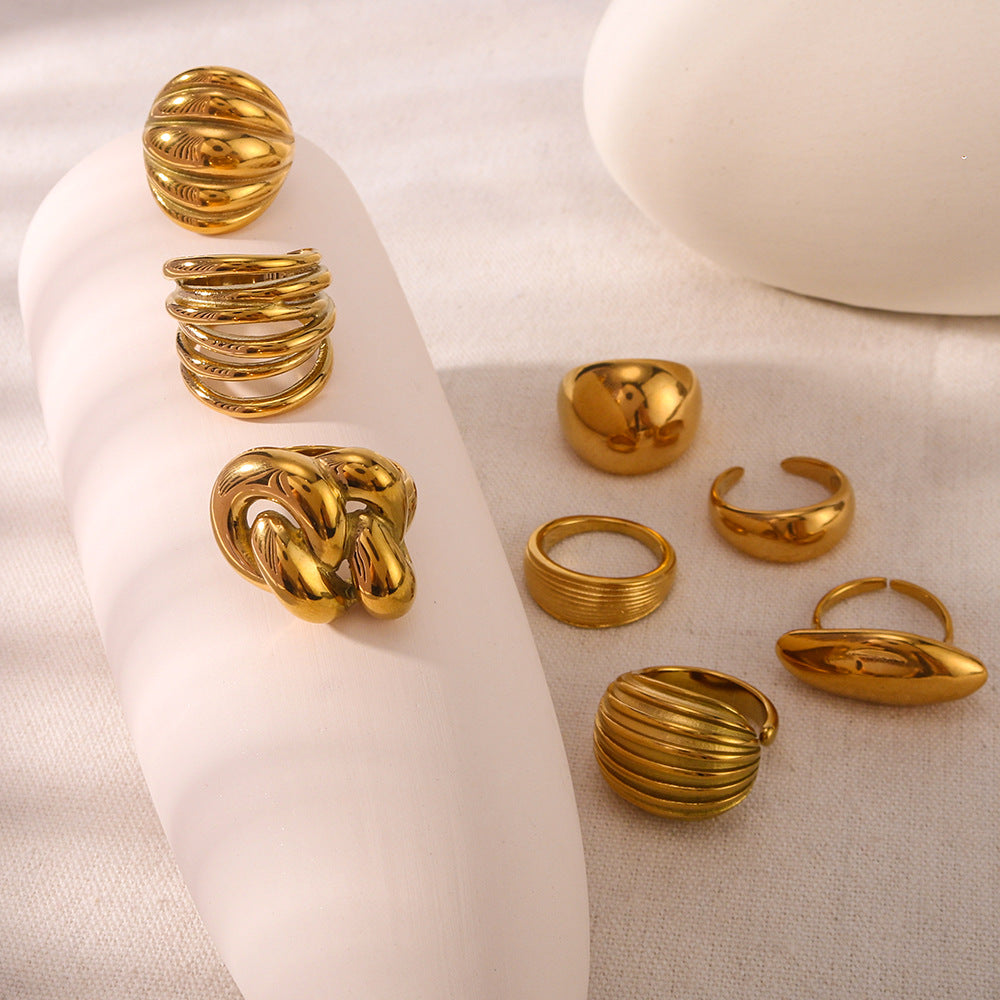 Anello geometrico in acciaio inossidabile placcato oro 18K, unisex, dal design contemporaneo e minimalista