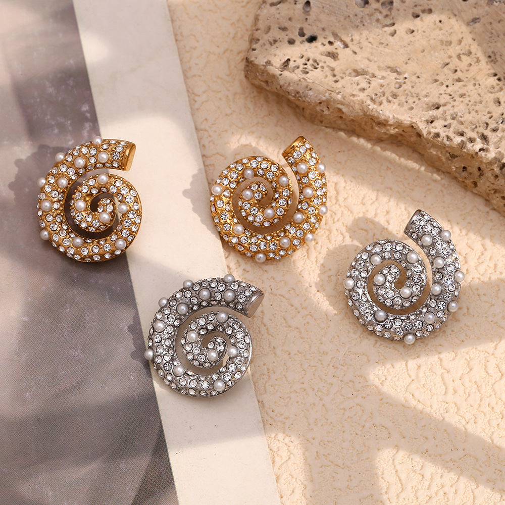 Minimalist Geometric Stainless Steel Earrings with 18K Gold Plating, Luxury Pearl and Zircon Inlay, Conch-Shaped Studs for Women