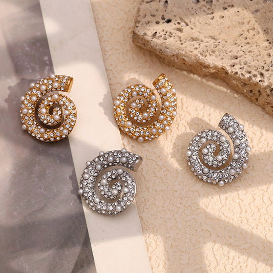 Minimalist Geometric Stainless Steel Earrings with 18K Gold Plating, Luxury Pearl and Zircon Inlay, Conch-Shaped Studs for Women