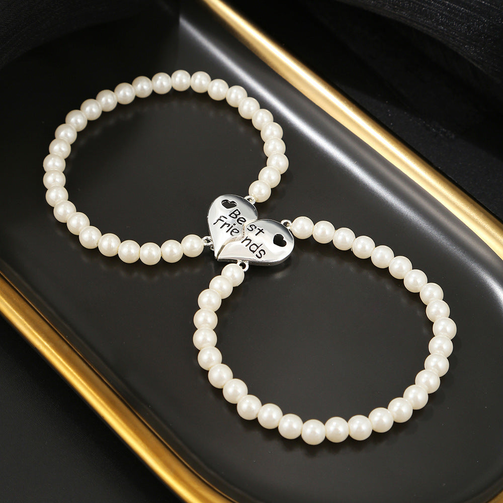 Minimalist Two-Piece Friendship Bracelet Set with Geometric Heart-Shaped Alloy and Pearl Charms