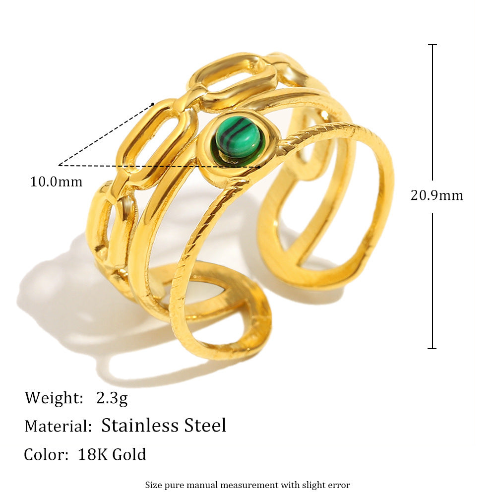 Anello da donna alla moda in acciaio inossidabile con design geometrico, placcatura in oro 18 carati e inserti in malachite