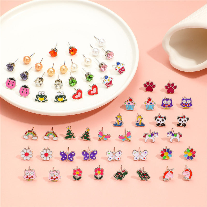 Cartoon Animal Stud Earrings Set for Kids Alloy Jewelry with Enamel Finish Rainbow Color Design
