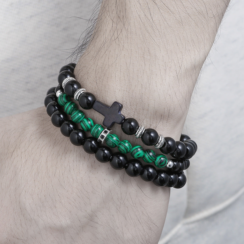 Black Cross Geometric Agate Beaded Stretch Bracelet Set