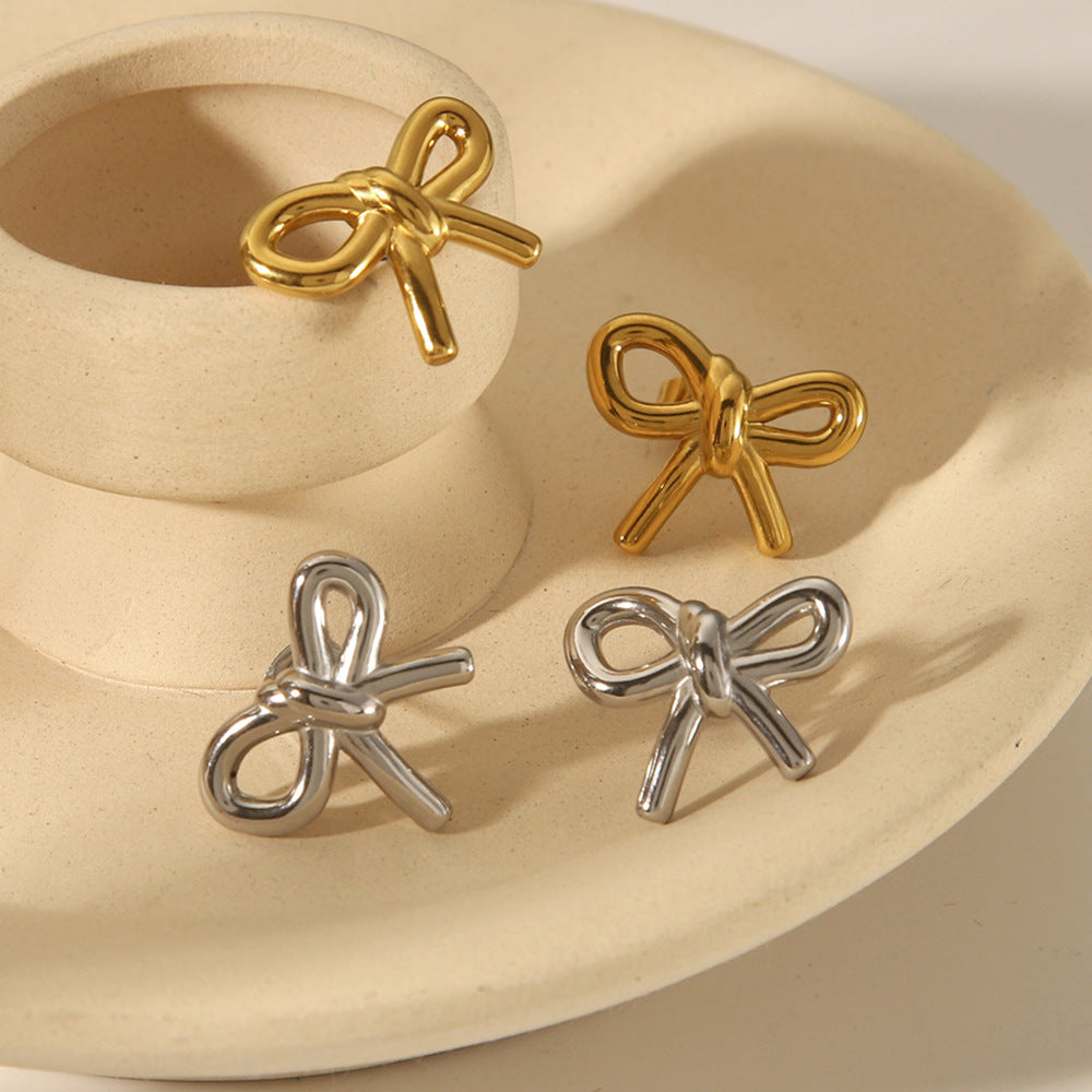Fashionable 18K Gold Plated Stainless Steel Bow Knot Stud Earrings for Women