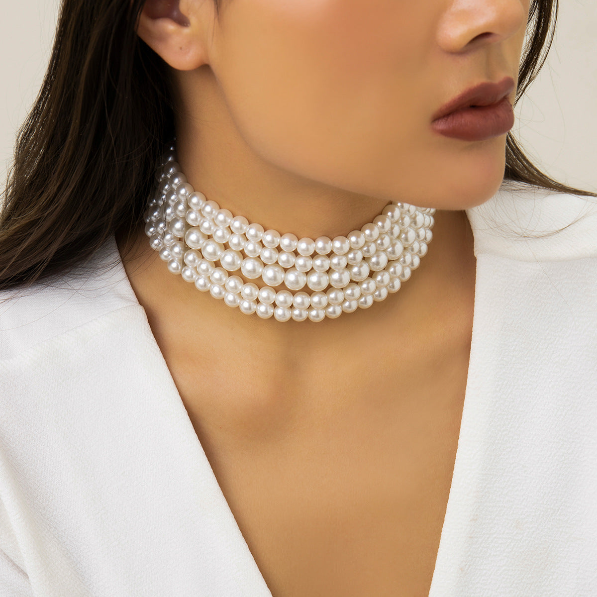 Elegant Multi-Layer Geometric Resin Pearl Choker Necklace with Snake Chain for Women