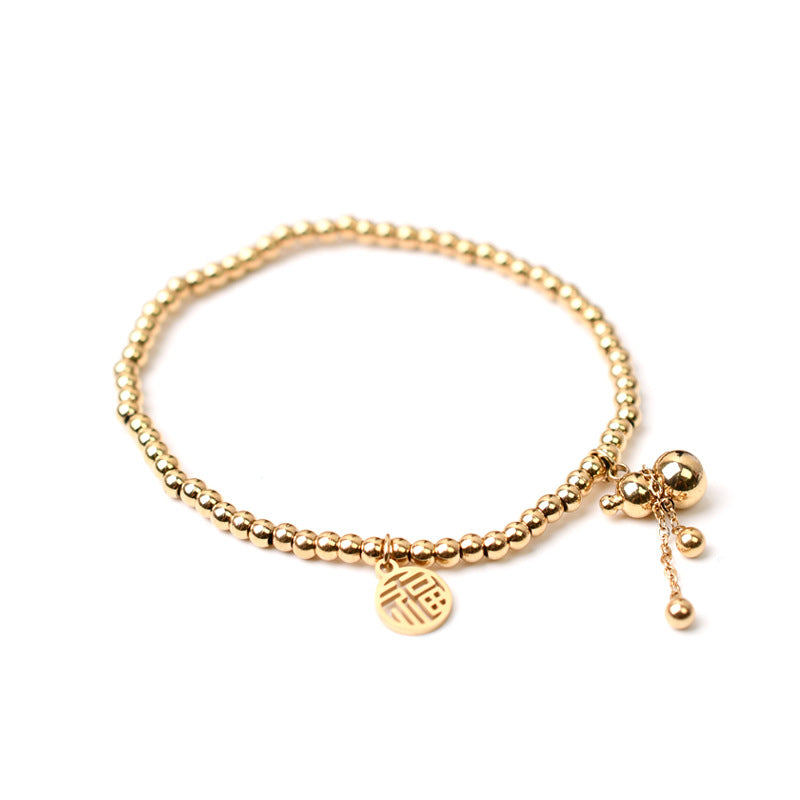 Chinese New Year Lucky Fu Character Solid Mini Gourd Bracelet for Women in Titanium Steel with 18K Gold Plating